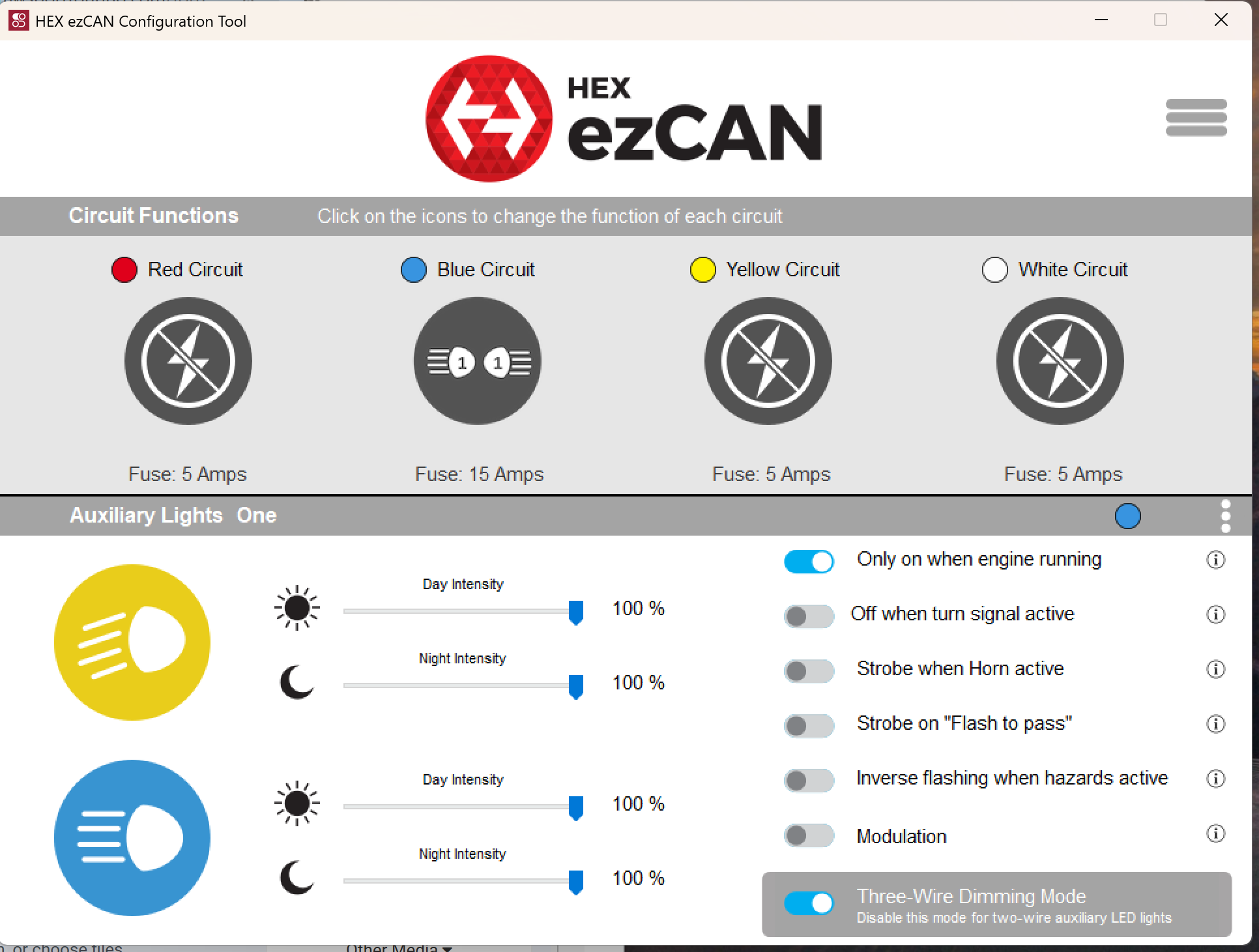 hex ezcan for aux lights. Only works in diagnostic mode